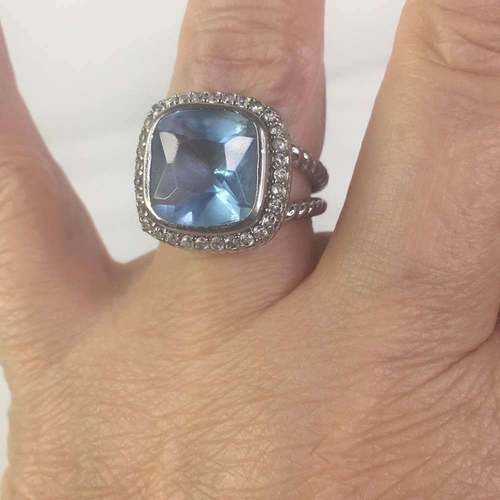 Simulated Aquamarine Cocktail Ring Accent Small Faux Diamonds size 7 braided